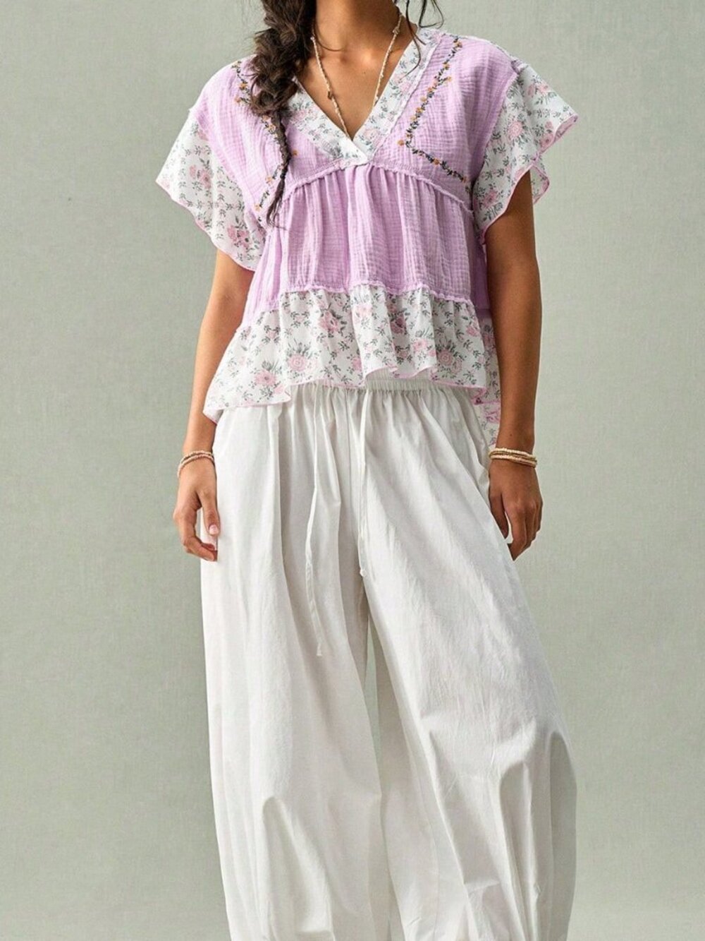 Purple Boho Women's French V-Neck Blouse - Picture 4 of 8